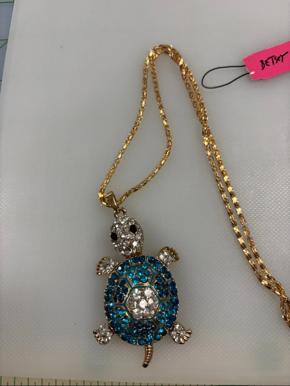 Betsey Johnson Gold-Tone Blue and Clear Crystal Turtle Pendant Necklace - Picture 4 of 7
